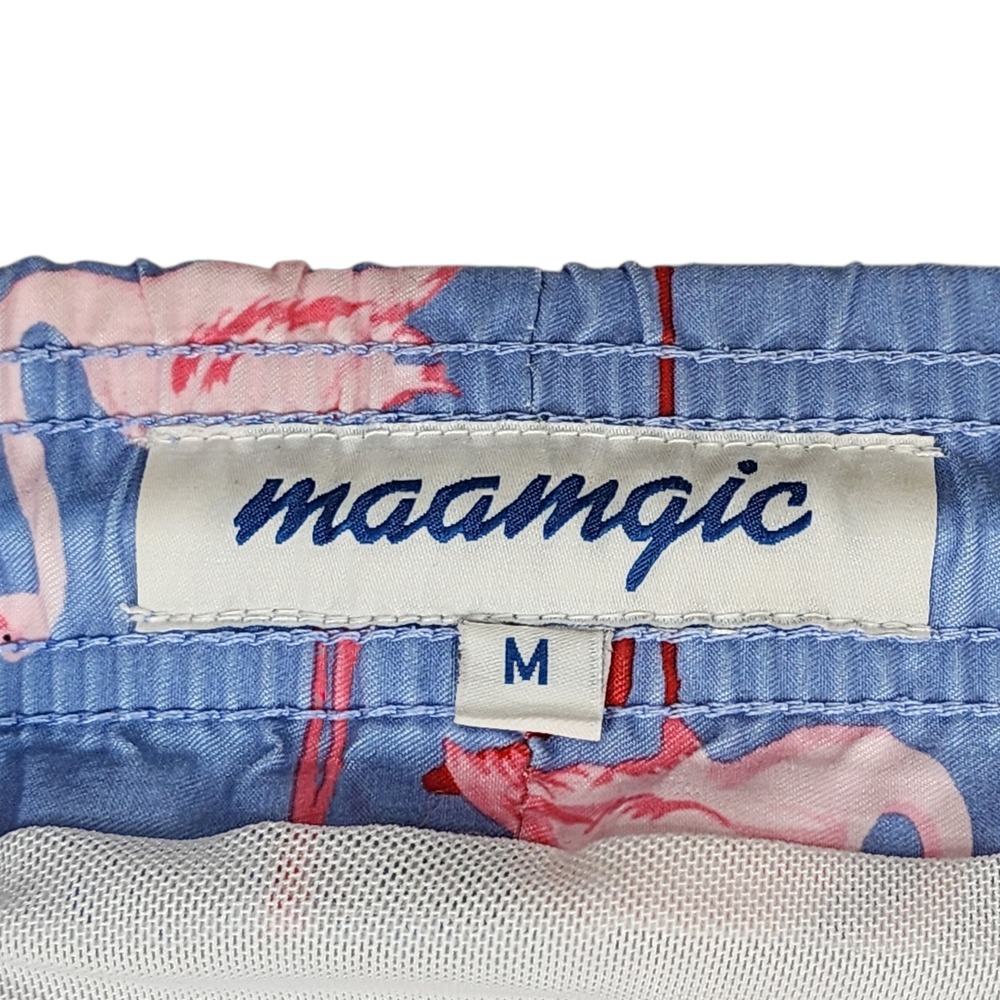 Maamgic Swim Trunks sz M Men Pink Flamingos Tropical Blue Pink 33x6.5 Resortwear - Picture 3 of 12